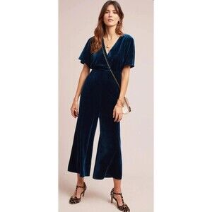 Anthropologie Greylin Elegant Teal Velvet Wide Leg Cropped Jumpsuit Size XS